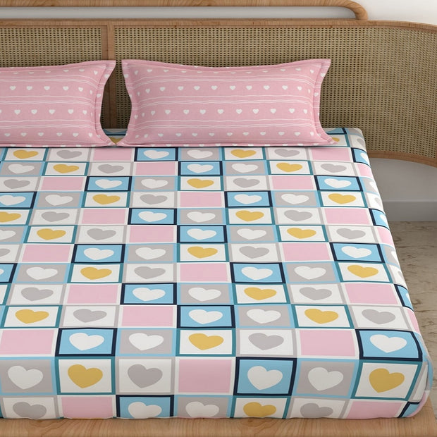 Pink Heart Elastic Fitted Cotton Blend King Bedsheet