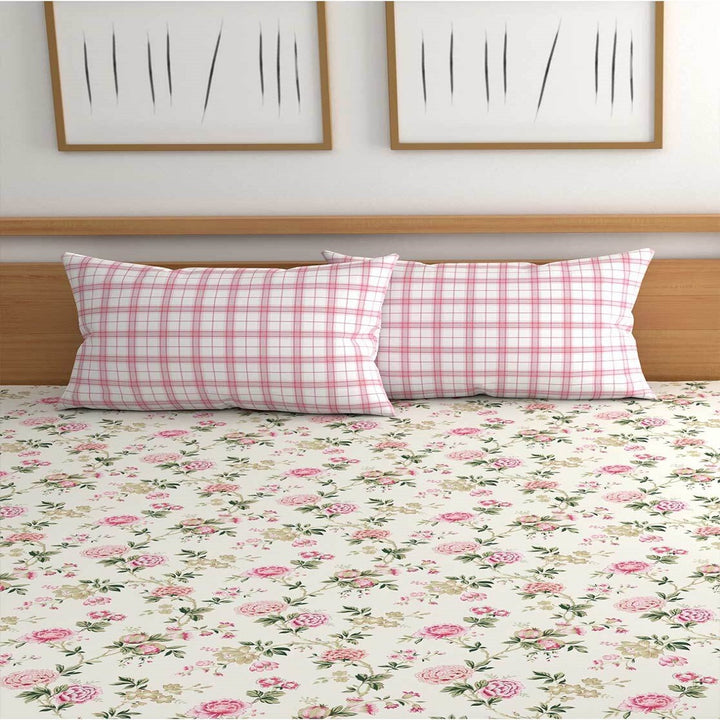 Pink Rose Cotton Blend Super King Bedsheet with 2 Pillow Covers (108x108 inches)