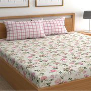 Pink Rose Cotton Blend Super King Bedsheet with 2 Pillow Covers (108x108 inches)