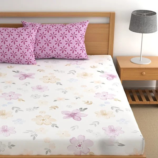 Arctic Flowers Cotton Blend Elastic Fitted King Bedsheet