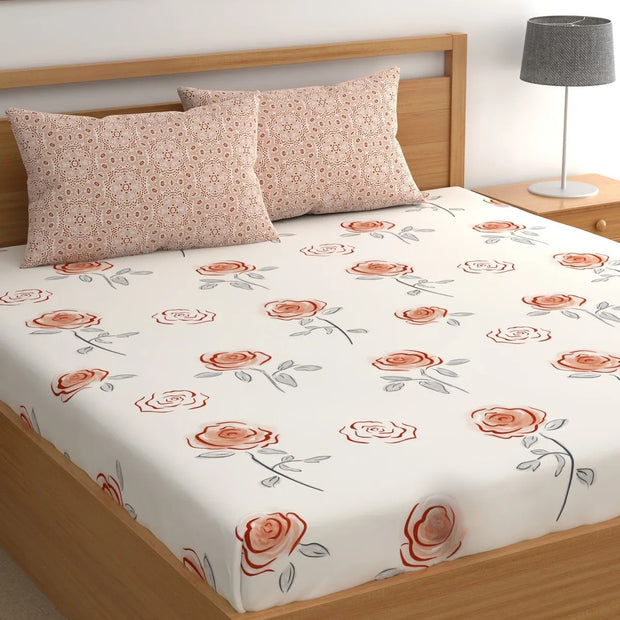 Modern Rose Cotton Blend Super King Bedsheet with 2 Pillow Covers (108x108 inches)