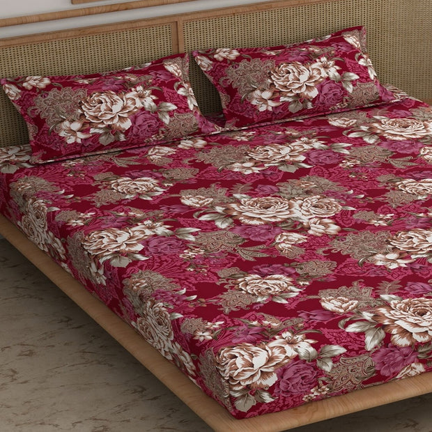 Same Red Rose Elastic Fitted Cotton Blend King Bedsheet