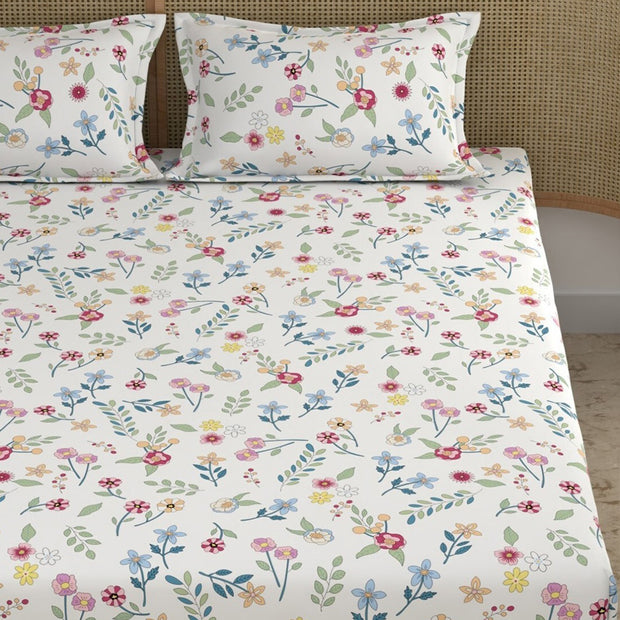 Same Beige Garden Cotton Blend Elastic Fitted King Bedsheet