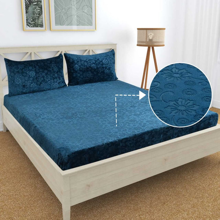 Embossed Rama Blue Premium Warm Winter Flannel Fitted King Bedsheet