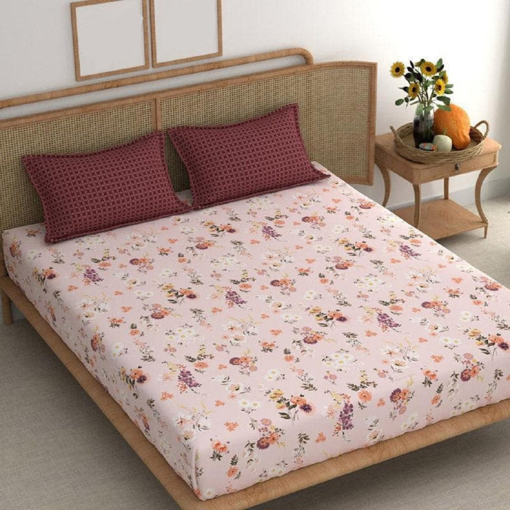 Wine Orange Flowers Cotton Blend Super King Bedsheet with 2 Pillow Covers (108x108 inches)