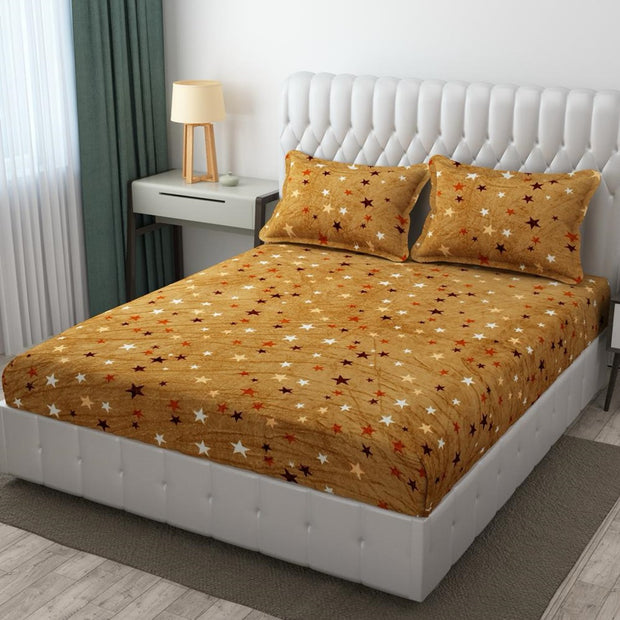 Golden Star Printed Warm Winter Flannel Fitted King Bedsheet