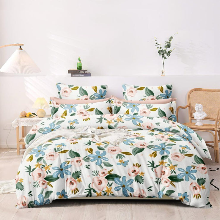 Floral White Blend Elastic Fitted Queen Bedsheet