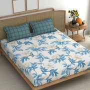 Aqua Leaves Cotton Blend Super King Bedsheet with 2 Pillow Covers (108x108 inches)