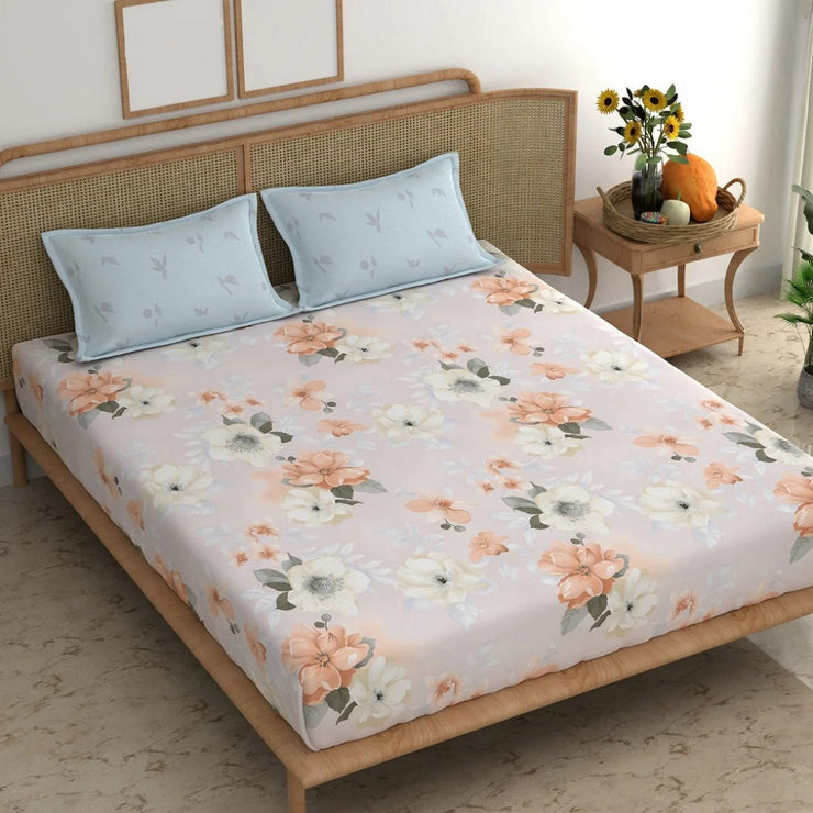 Summer Flower Cotton Blend Super King Bedsheet with 2 Pillow Covers (108x108 inches)