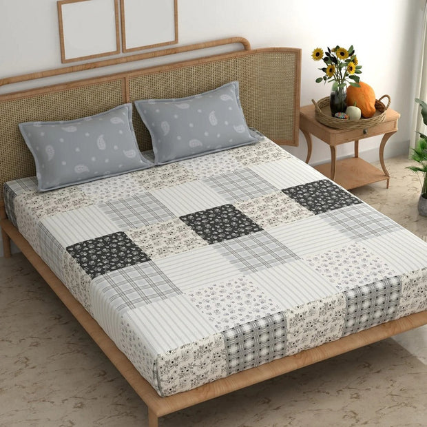 Grey Checks Cotton Blend Elastic Fitted King Bedsheet