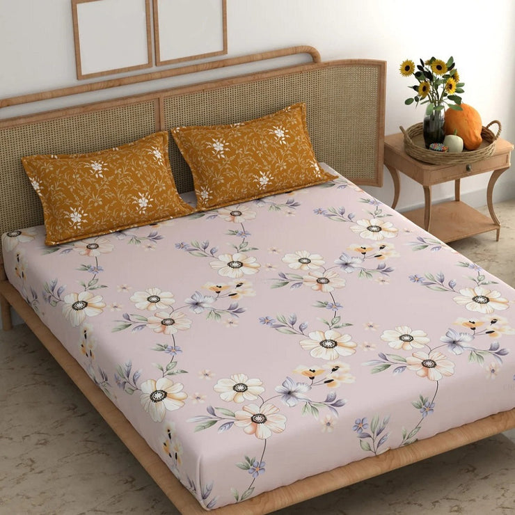 Pink Daisy Delight Cotton Blend Super King Bedsheet with 2 Pillow Covers (108x108 inches)