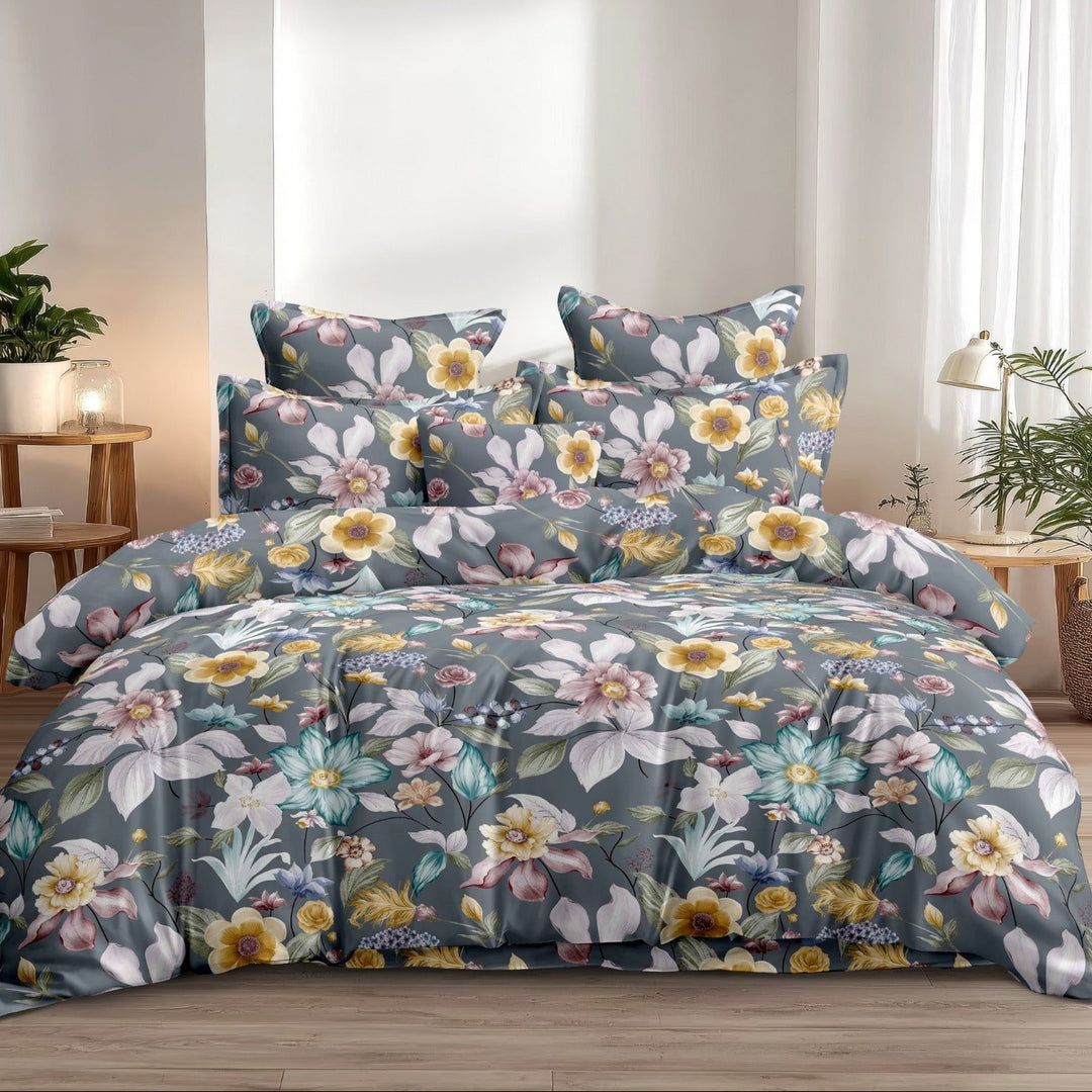 Grey Gulnaar Cotton Blend Super King Bedsheet with 2 Pillow Covers (108x108 inches)