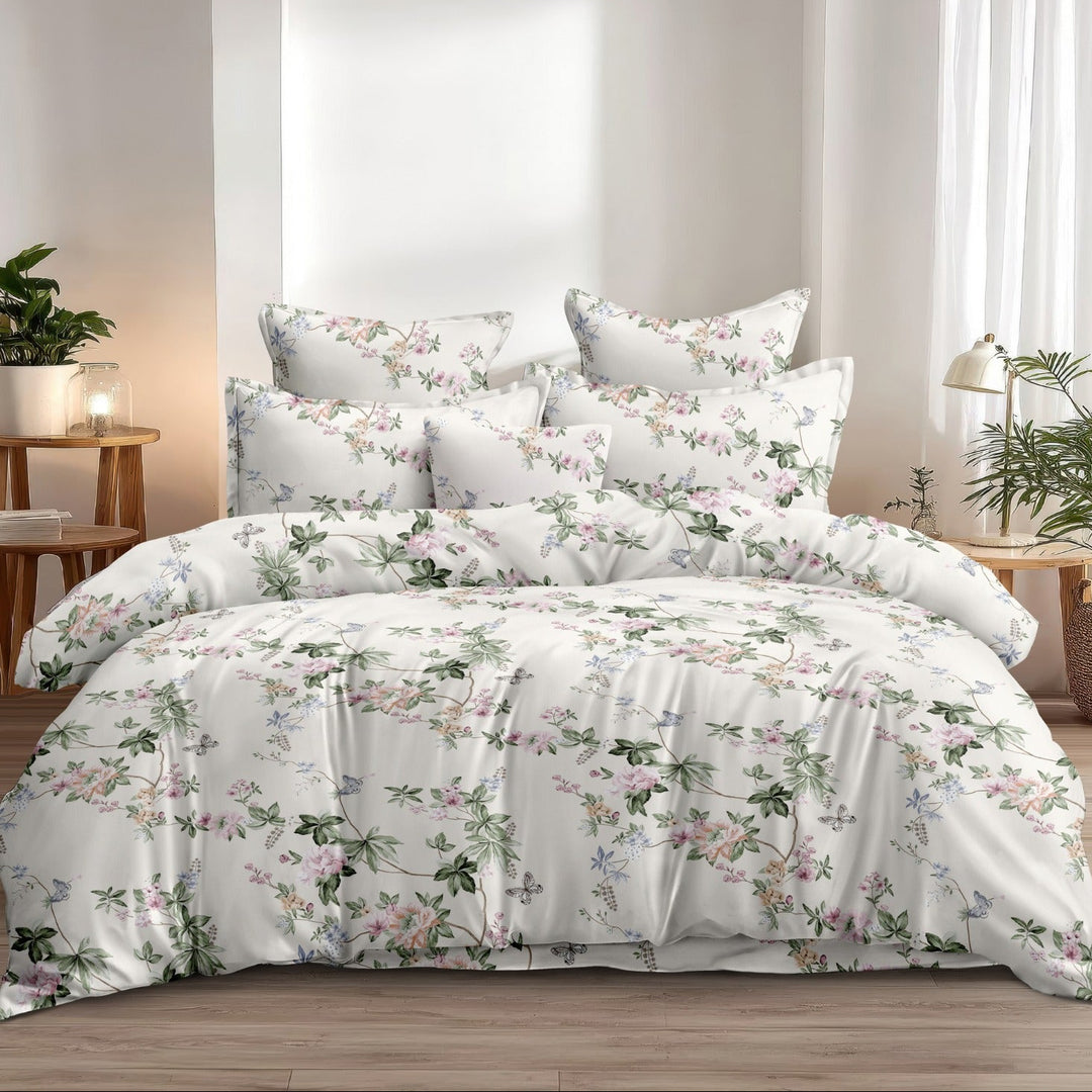 Fluttering Flora Cotton Blend Super King Bedsheet with 2 Pillow Covers (108x108 inches)