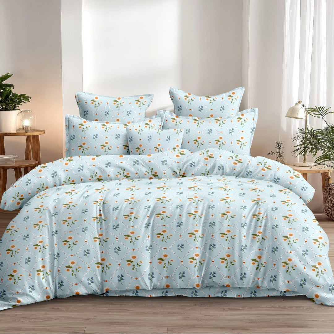 Azure Garden Cotton Blend Super King Bedsheet with 2 Pillow Covers (108x108 inches)
