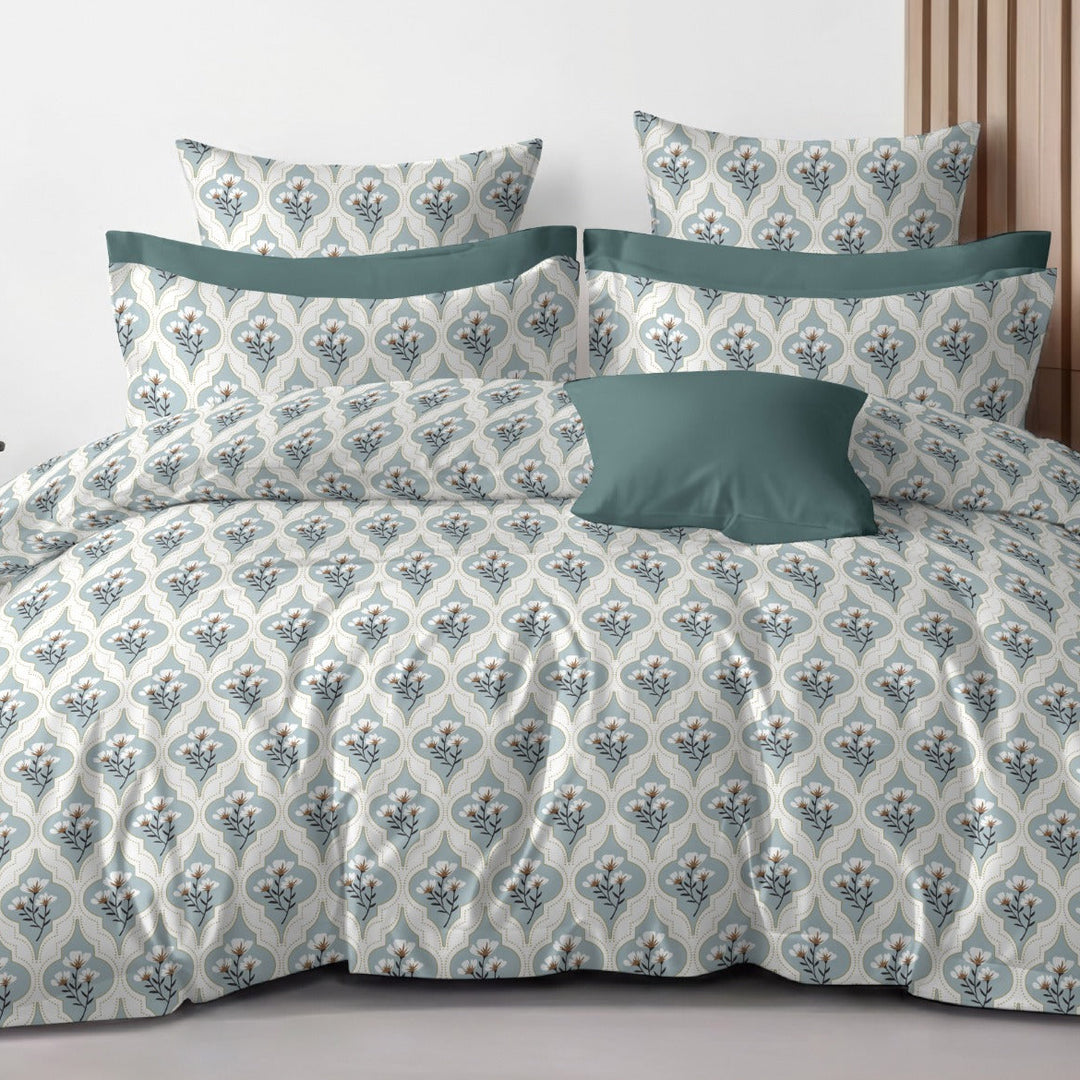 Teal Motif Cotton Blend Elastic Fitted King Bedsheet