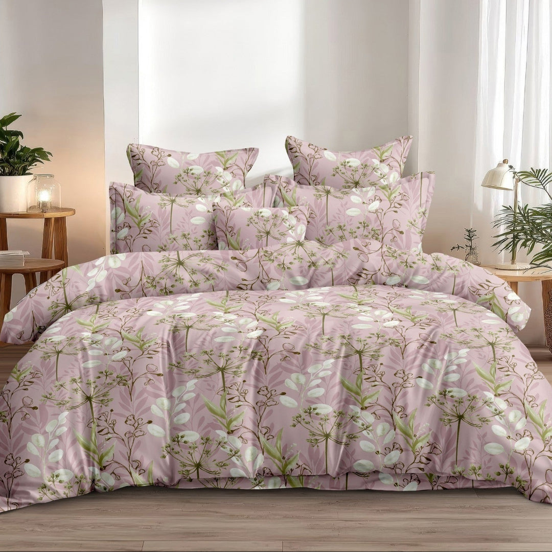 Pink Feather Cotton Blend Elastic Fitted King Bedsheet