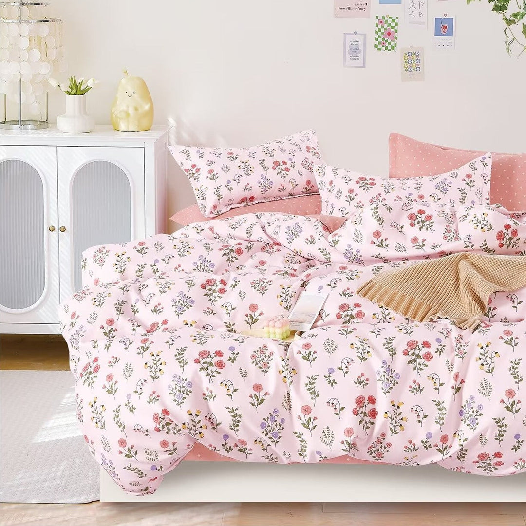 Pink Wildflower Cotton Blend Elastic Fitted King Bedsheet