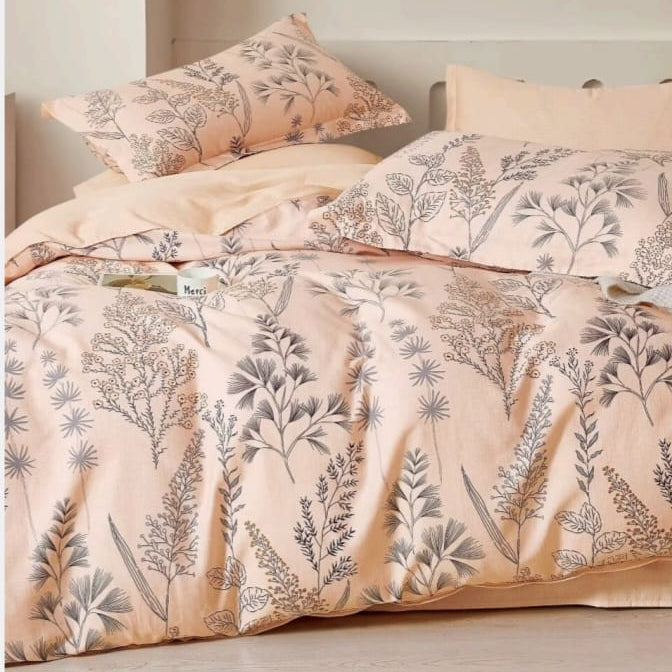 Peach Herbarium Cotton Blend Elastic Fitted King Bedsheet