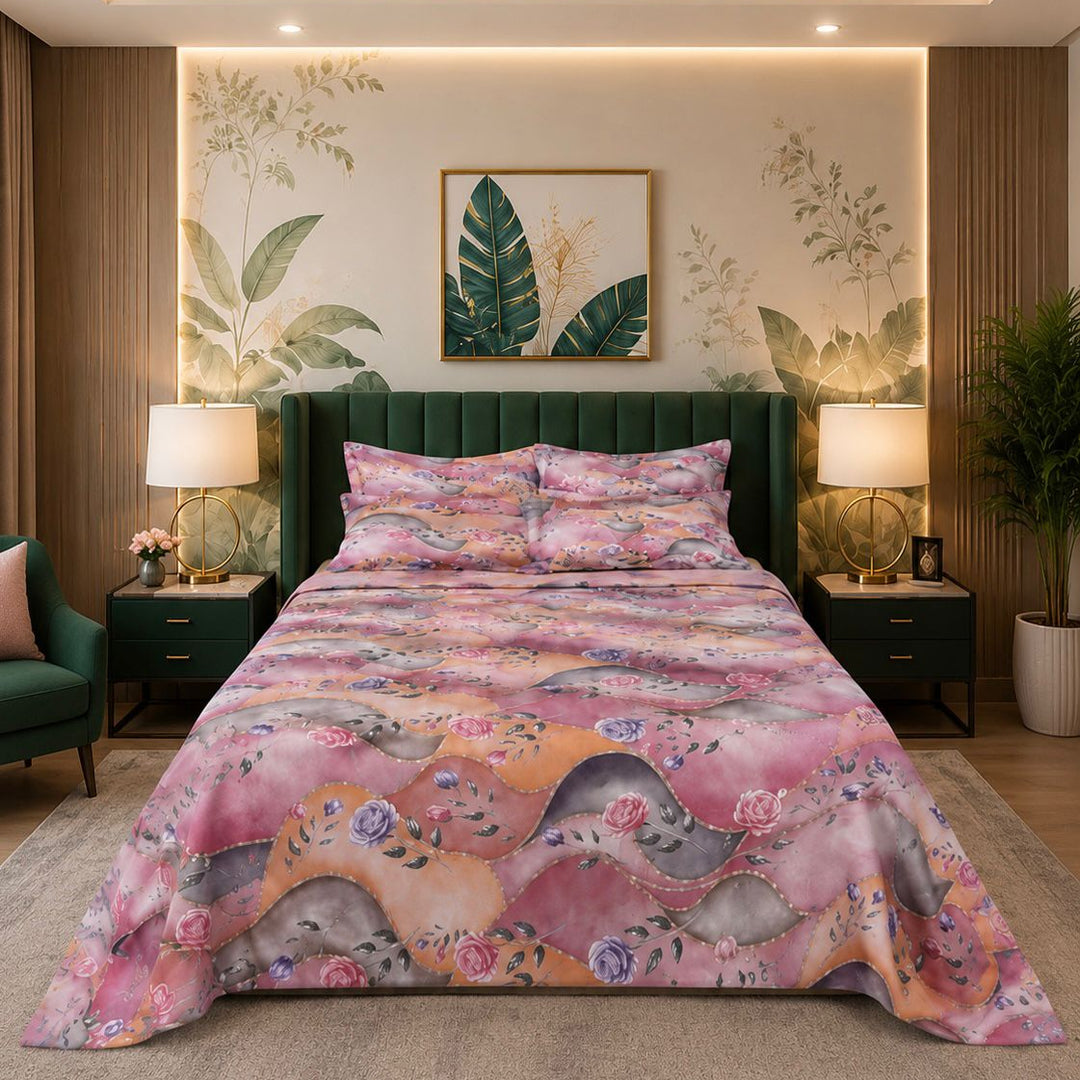 Blossom Waves Cotton Blend Elastic Fitted King Bedsheet