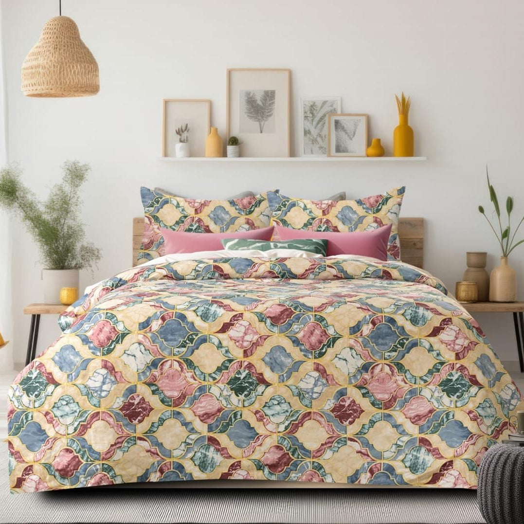 Mosaic Bloom Cotton Blend Elastic Fitted King Bedsheet