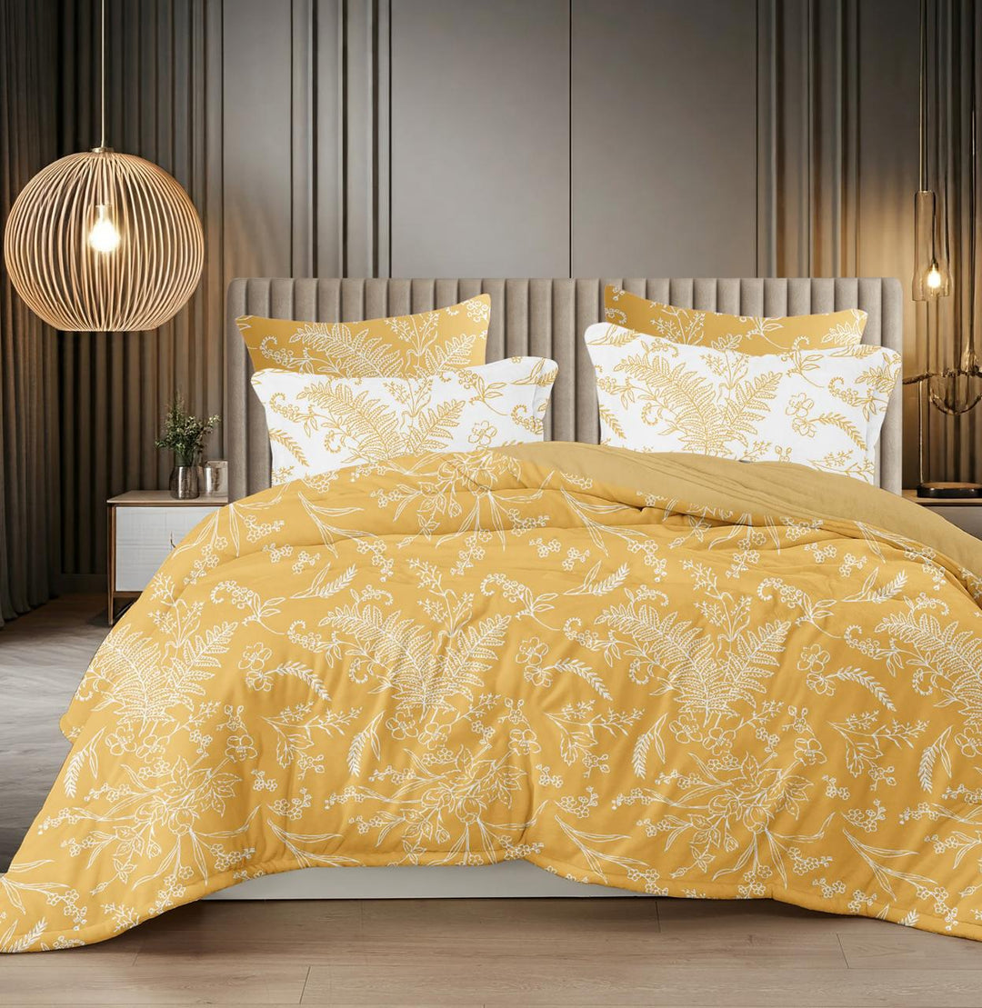 Yellow Fern Cotton Blend Elastic Fitted King Bedsheet