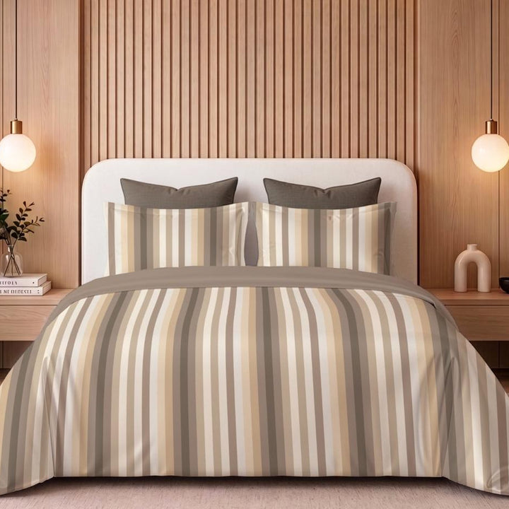 Beige Band Cotton King Bedsheet - 250 TC