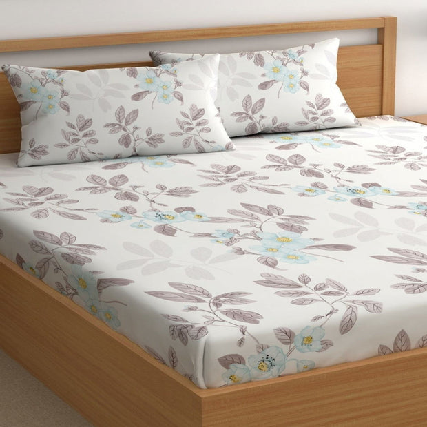 White Leaf Print Cotton Blend Elastic Fitted King Bedsheet