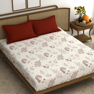 Maroon Leaf Cotton Blend Elastic Fitted King Bedsheet