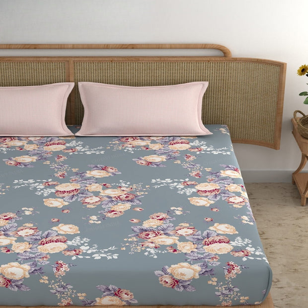 Blue Peony Cotton Blend Elastic Fitted King Bedsheet