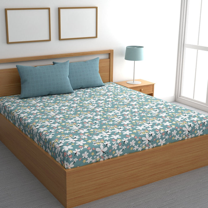 Grey Flower Elastic Fitted Cotton Blend King Bedsheet