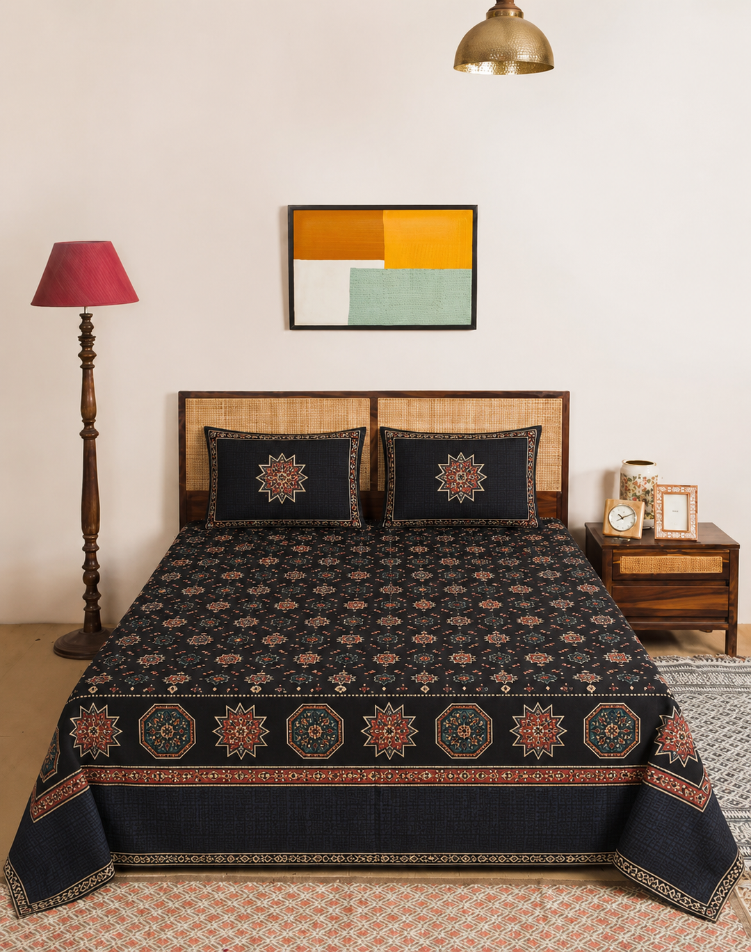 Black Ajrakh Starburst bedsheet set