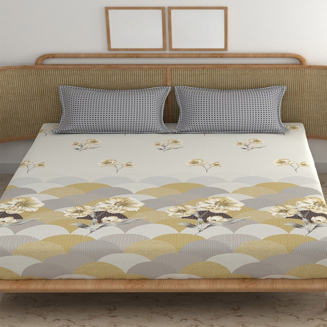 Yellow Windflower Cotton Blend Elastic Fitted King Bedsheet