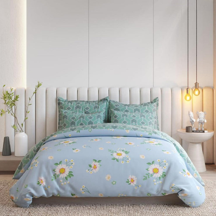 Sky Blue Floral 210 TC Cotton Blend Flat King Bedsheet