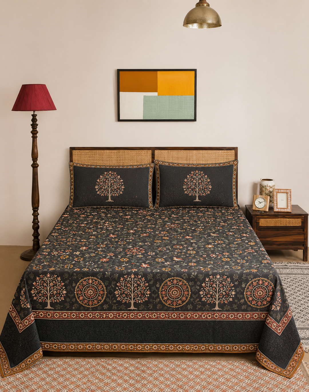 Charcoal Kalamkari Tree-of-Life bedsheet set