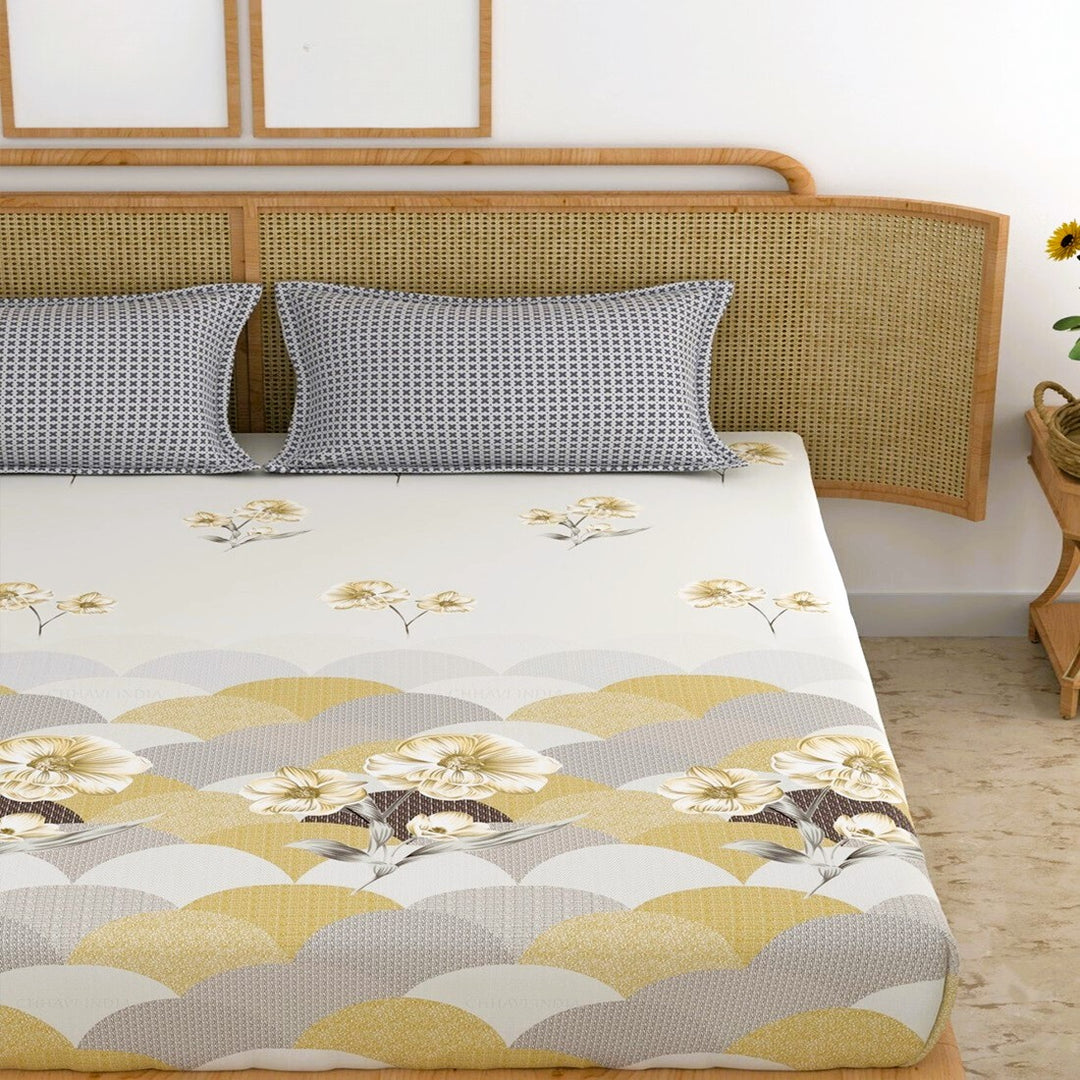 Yellow Windflower Cotton Blend Elastic Fitted King Bedsheet