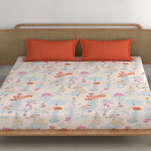 Orange SnapDragon Cotton Blend Elastic Fitted King Bedsheet