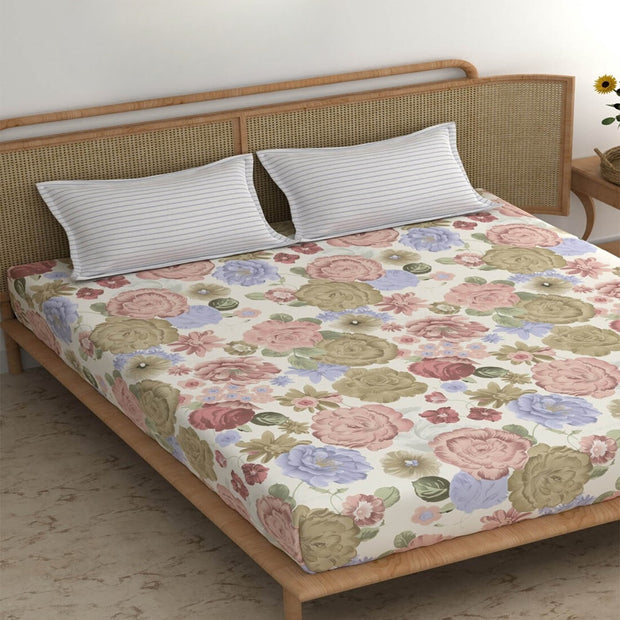 Beige Rose Cotton Blend Elastic Fitted King Bedsheet