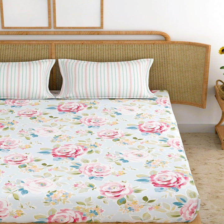 Blue Camellia Cotton Blend Elastic Fitted King Bedsheet