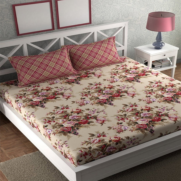 Rose Bunch Elastic Fitted Cotton Blend King Bedsheet