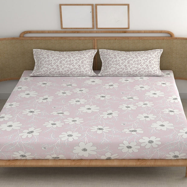 Pink Columbine Cotton Blend Elastic Fitted King Bedsheet