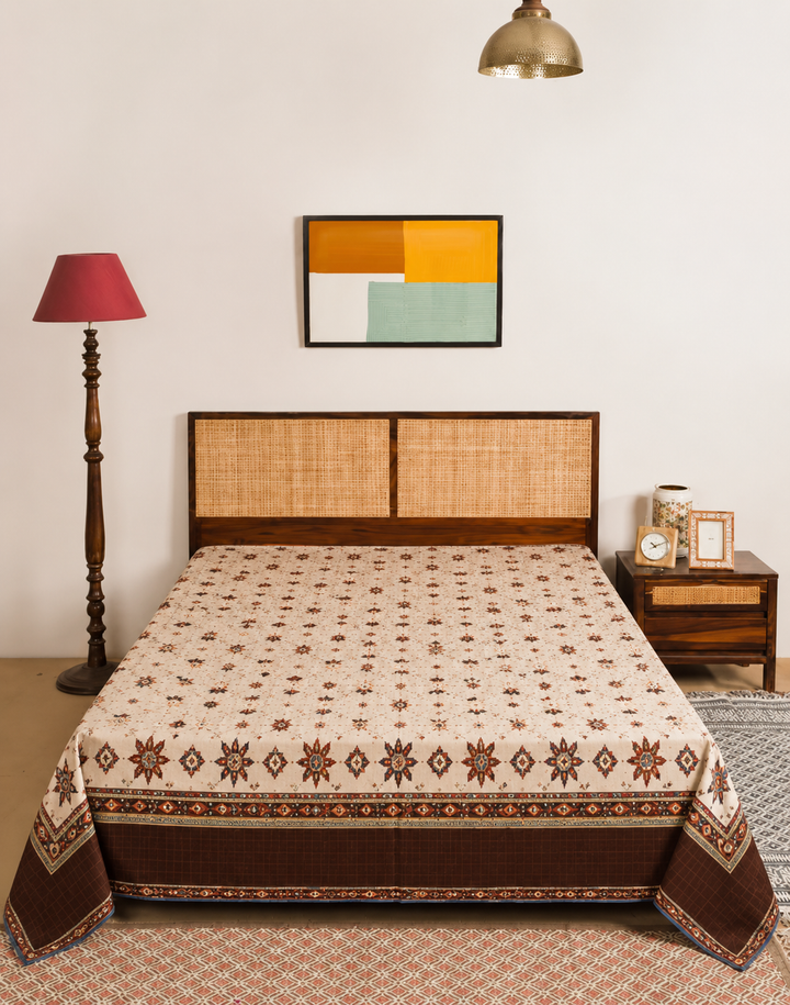 Earthy Ajrakh Stars and Diamond Tiles bedsheet set