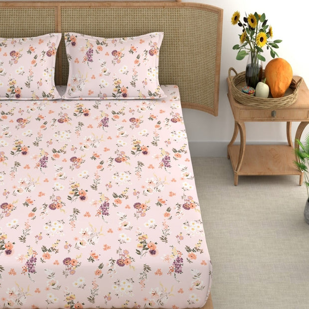 Wine Orange Flowers Cotton Blend Elastic Fitted King Bedsheet