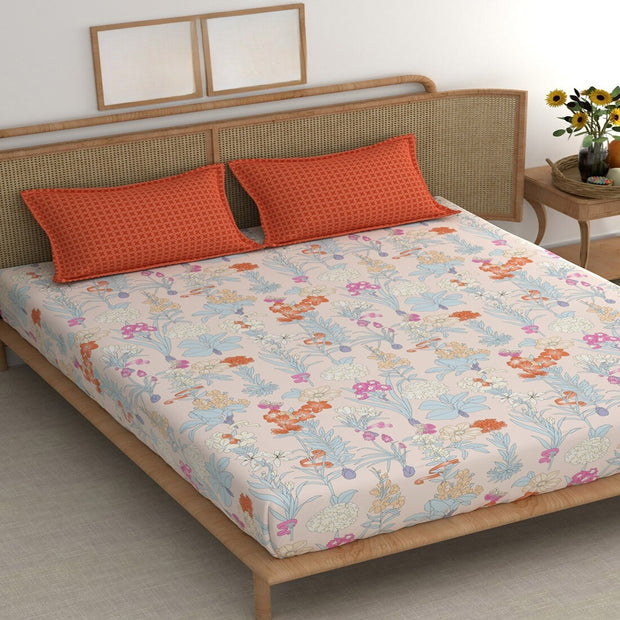 Orange SnapDragon Cotton Blend Elastic Fitted King Bedsheet