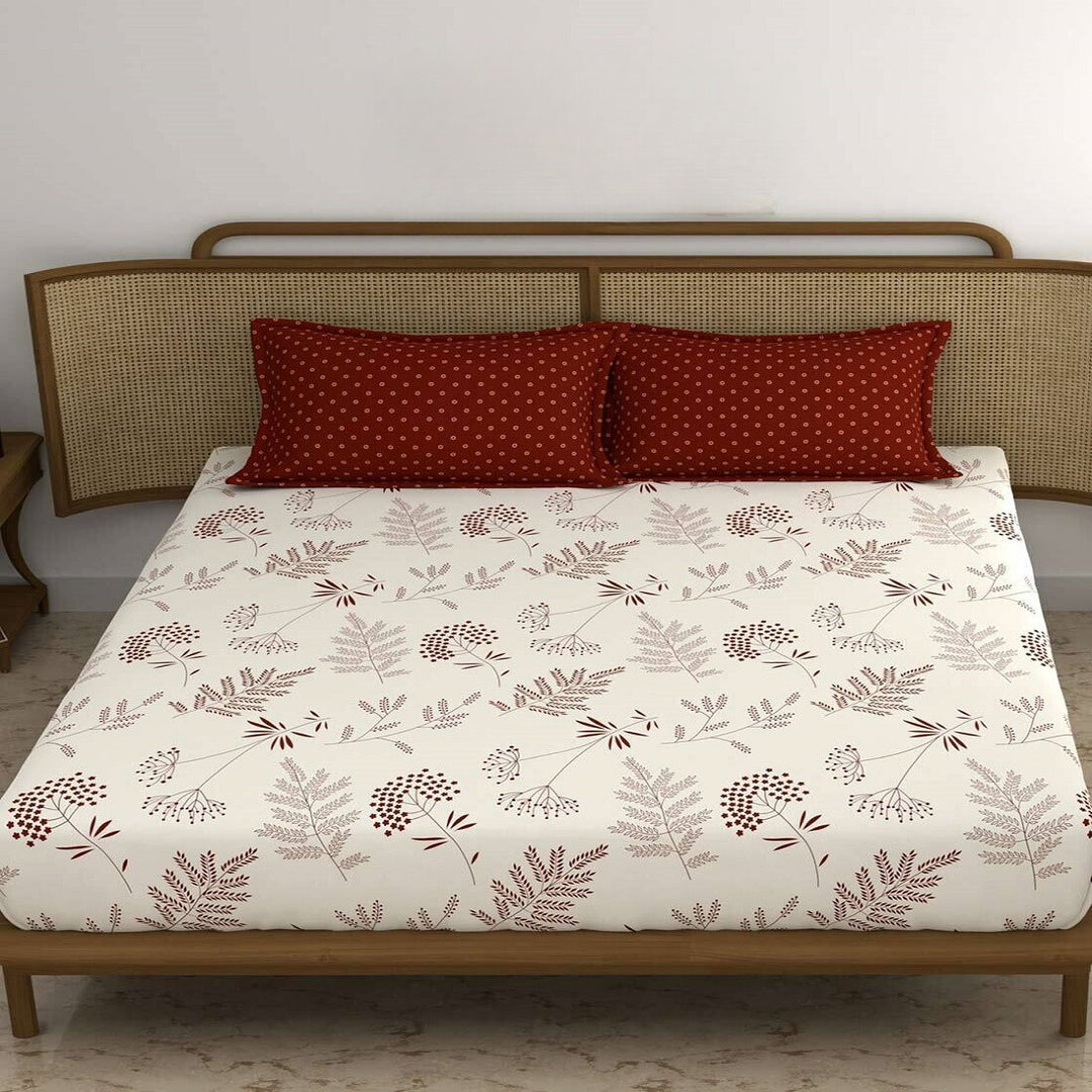 Maroon Leaf Cotton Blend Super King Bedsheet with 2 Pillow Covers (108x108 inches)