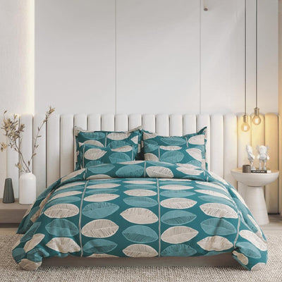 Teal Leaves 210 TC Cotton Blend King Double Bedsheet with 2 Pillow Covers (90x108 inches)