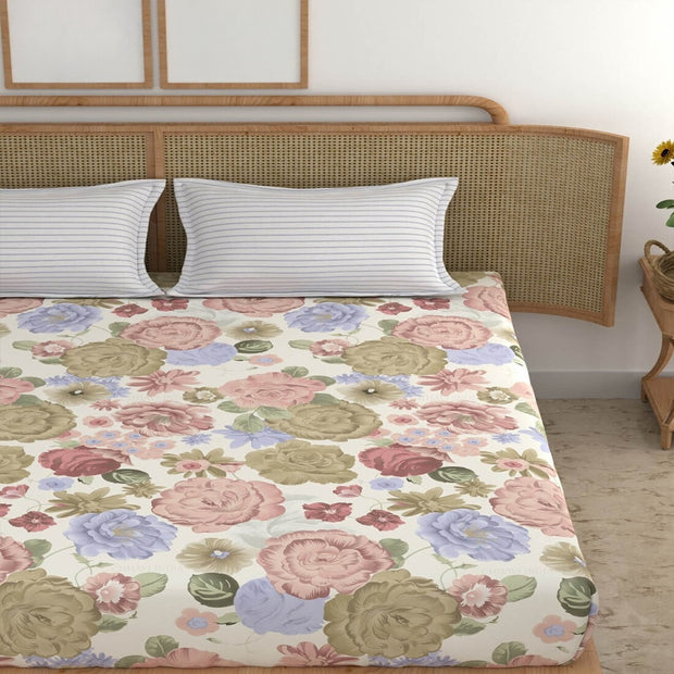 Beige Rose Cotton Blend Elastic Fitted King Bedsheet