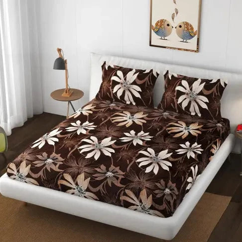 Chocolaty Lily Printed Warm Winter Flannel Fitted King Bedsheet