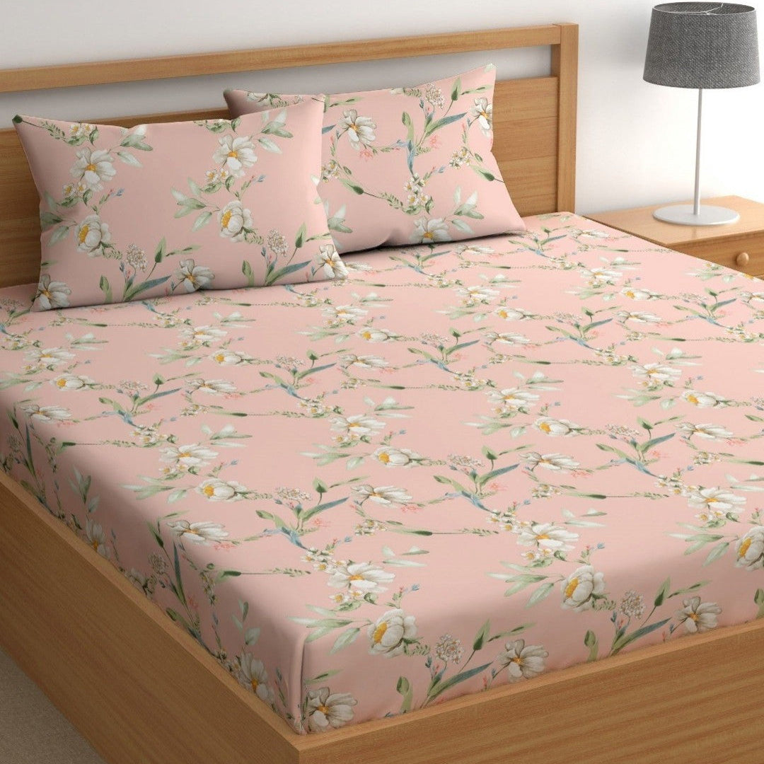 Pink Floral Cotton Blend Elastic Fitted King Bedsheet