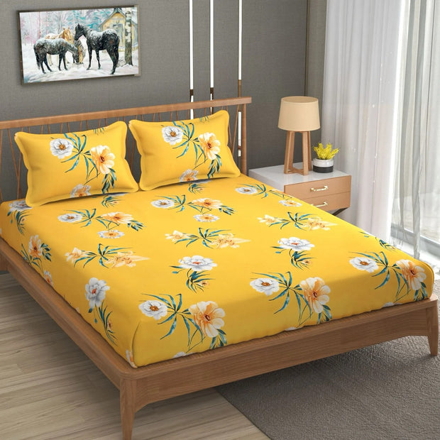 Yellow Floral 180 TC Cotton Blend Flat King Bedsheet