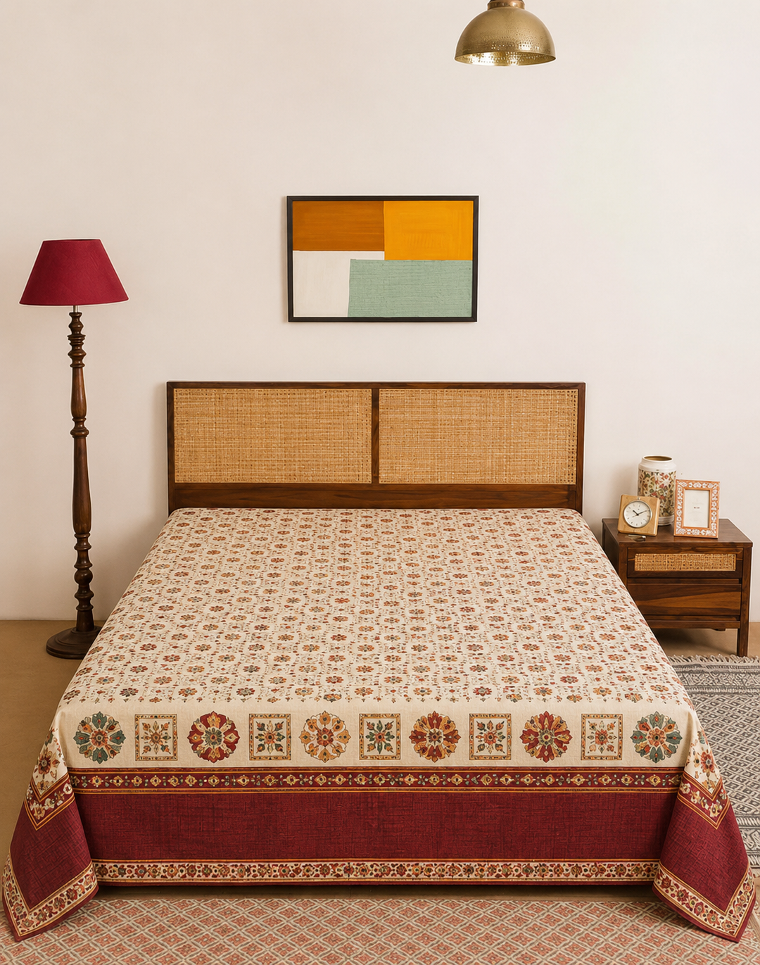 Mehrun Mosaic Ivory Maroon Heritage Loom bedsheet set